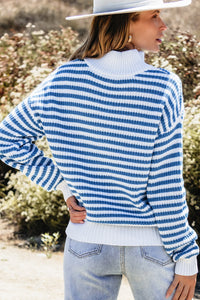 Online Pink Stripe Zip up Collar Drop Shoulder Sweater