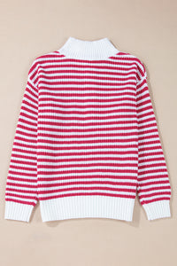 Online Pink Stripe Zip up Collar Drop Shoulder Sweater