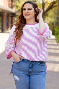 Online White Stripe Patchwork Bracelet Sleeve Plus Size T Shirt