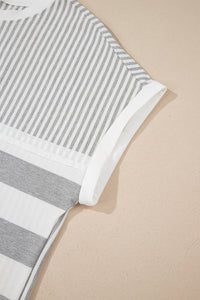 Online Gray Stripe Mixed Print Short Sleeve Top and Pocketed Shorts Set