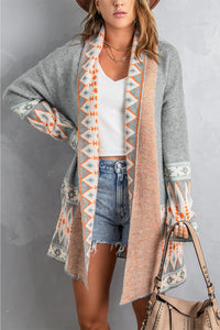 Online Orange Printed Aztec Print Open Front Knitted Cardigan