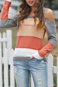 Gray Trim Colorblock Stripes Cold Shoulder Hollow-out Sweater