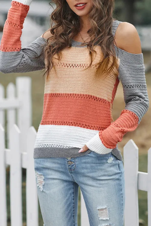Gray Trim Colorblock Stripes Cold Shoulder Hollow-out Sweater