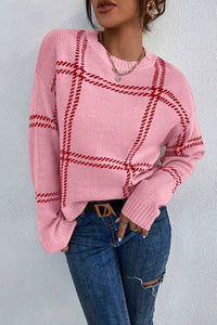 Online Pink Plaid Pattern Knitted Drop Shoulder Sweater