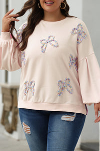 Online Light Pink Embroidered Bow Lantern Sleeve Oversized Pullover Sweatshirt