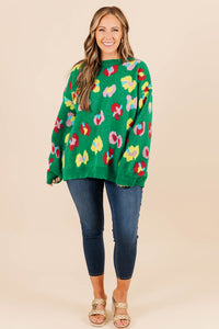 Online Green Plus Size Floral Knitted Ribbed Edge Drop Shoulder Sweater