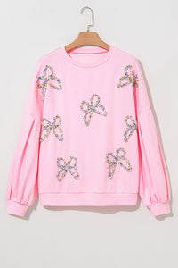 Online Light Pink Embroidered Bow Lantern Sleeve Oversized Pullover Sweatshirt