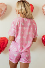 Load image into Gallery viewer, Online Pink Waffle Knit Bowknot Printed V Neck T Shirt and Shorts Set
