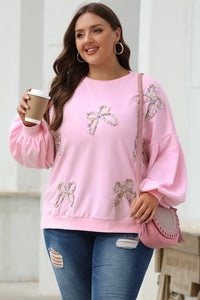 Online Light Pink Embroidered Bow Lantern Sleeve Oversized Pullover Sweatshirt