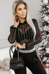 Online Black Rhinestone Decor Striped Mesh Long Sleeve Bodysuit