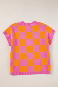 Online Sachet Pink Colorblock Plaid Pattern Ribbed Trim Sweater Tank Top