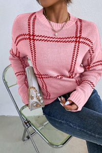 Online Pink Plaid Pattern Knitted Drop Shoulder Sweater