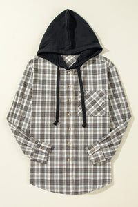 Online Green Checkered Print Loose Fit Buttoned Hooded Shacket