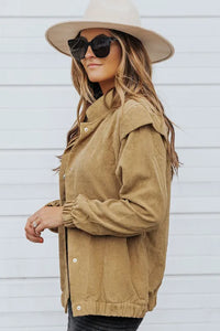 Brown Snaps Stand Neck Long Sleeve Buttoned Corduroy Coat