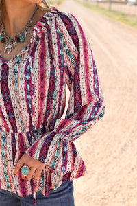 Online Multicolour Western Aztec Split Neck Peplum Blouse