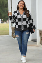 Load image into Gallery viewer, Online Black Checkered Drop Shoulder Buttoned V Neck Cardigan
