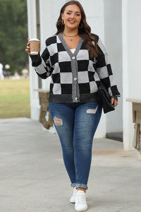 Online Black Checkered Drop Shoulder Buttoned V Neck Cardigan