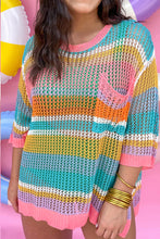 Load image into Gallery viewer, Online Pink Stripe Plus Size Open Knit Patch Pocket Short Sleeve Sweater
