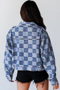 Online Black Checkered Patchwork Button up Denim Jacket