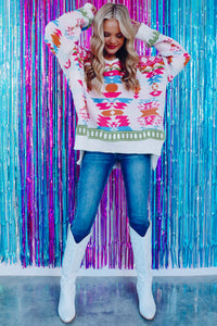 Online White Oversize Aztec Print High Low V Neck Sweater