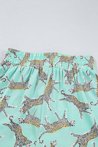 Online Green Leopard Satin Ruffle Pajama Short Set