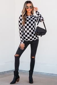 Online Black Checkerboard Western Elements Printed Mesh Long Sleeve Top