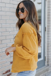 Yellow Casual Balloon Sleeve Crinkled Top