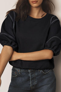 Online Black Contrast Stitches Detail Puffy Half Sleeve Blouse