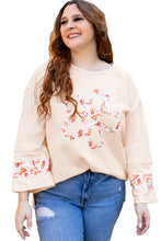 Load image into Gallery viewer, Online Beige Plus Size Flower Patched Side Slits Crewneck Top
