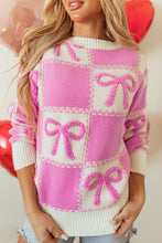 Load image into Gallery viewer, Pink Bow Knot Two Tone Checkered Crew Neck Sweater
