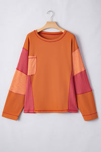 Online Orange Textured Knit Color Block Patchwork Chest Pocket Plus Size Top