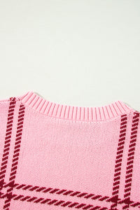 Online Pink Plaid Pattern Knitted Drop Shoulder Sweater