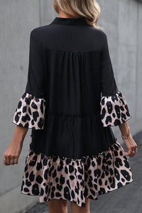 Online Black Leopard Patchwork Split Neck Ruffle Curvy Dress