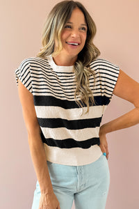 Online Black white Striped O Neck Sweater Vest