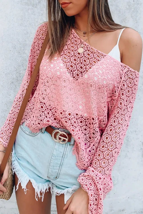 Pink Floral Pattern Hollow-out Knit Long Sleeve Top