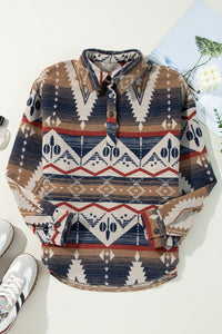 Online Brown Western Aztec Collared Button-up Sweatshirt