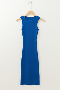 Online Dark Blue Solid Ribbed Knit Sheath Sleeveless Midi Sweater Dress