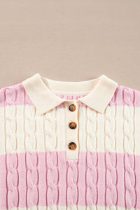 Online Pink Stripe Cable Knit Collared Henley Sweater