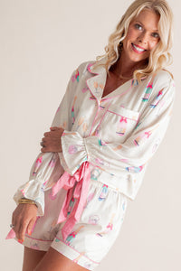 Online White Plus Size Wine Glass Print Bow Knot Pajama Set