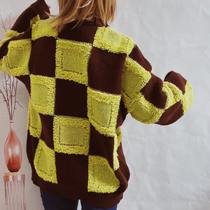 Online Checkered Round Neck Long Sleeve Sweater