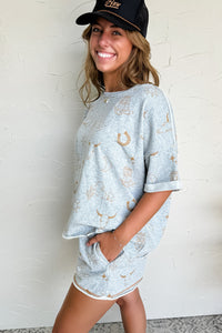 Online Gray Western Fashion Printed T Shirt Elastic Waist Shorts Set