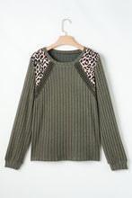 Load image into Gallery viewer, Moss Green Leopard Print Crochet Patchwork Rib Textured Knit Top
