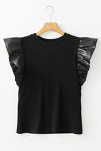 Load image into Gallery viewer, Online Black Leather Ruffle Sleeve Patchwork Round Neck Blouse
