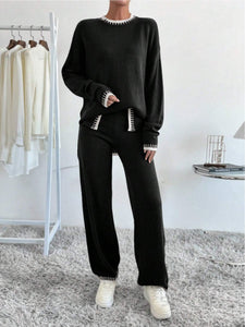 Online Side Slit Contrast Trim Round Neck Top and Pants Sweater Set