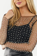 Load image into Gallery viewer, Black Pearl and Rhinestone Detail Sheer Mesh Top
