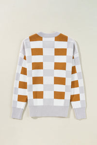 Online Pink Checkered Ribbed Edge O Neck Drop Shoulder Sweater