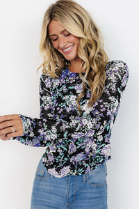 Online Black Floral Print Mesh Fitted Long Sleeve Top