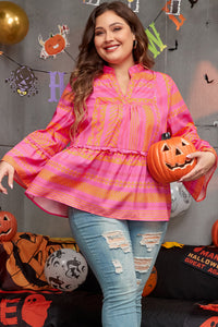 Online Vitality Orange Plus Size Geometric Printed Bell Sleeve Babydoll Blouse