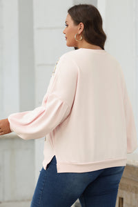 Online Light Pink Embroidered Bow Lantern Sleeve Oversized Pullover Sweatshirt