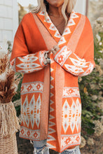 Load image into Gallery viewer, Online Orange Printed Aztec Print Open Front Knitted Cardigan
